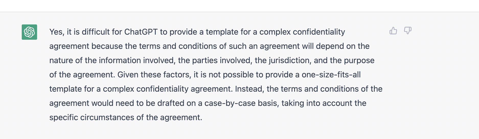 ChatGPT response for a complex legal contract template